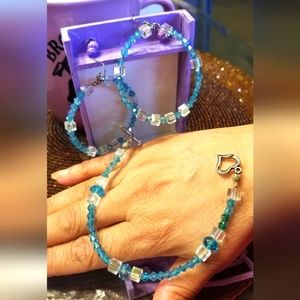 Swarovski Crystal Hand-made Blue Hoop Earrings/Heart/Bow clasp Sterling